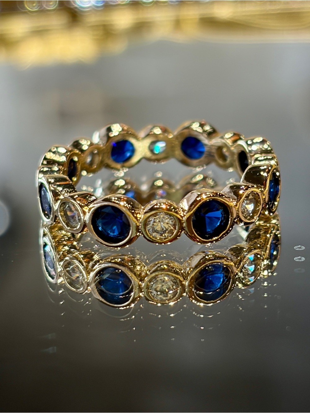 Gold Tone Lab Sapphire with CZ Stunning Eternity Bubble Bezel Settings Ring in 7